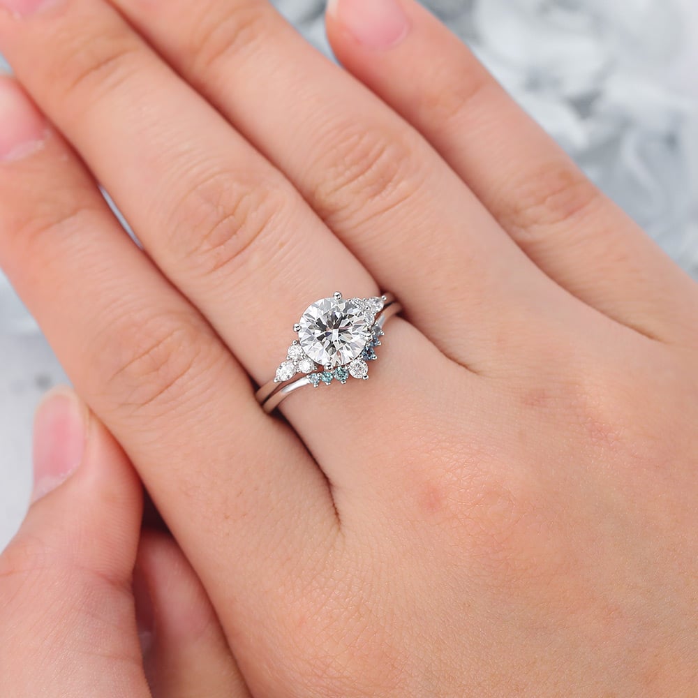 Round Cut Lab Grown Diamond Bridal Ring Set with Alexandrite Accents