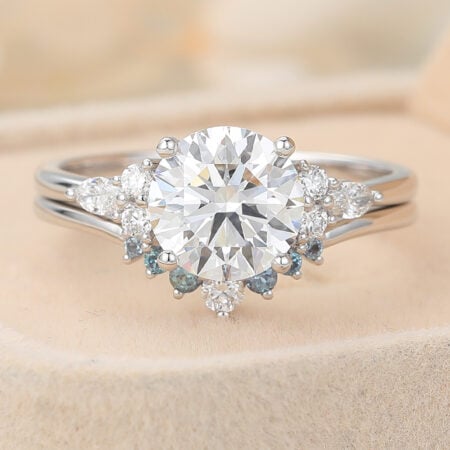 diamond cut Round Cut Lab Grown Diamond Bridal Ring Set with Alexandrite Accents