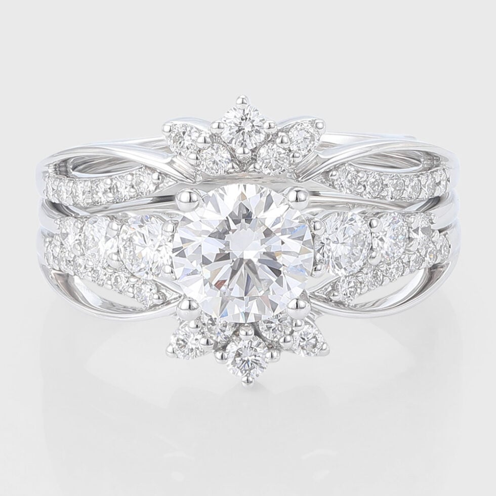 Round Cut Lab Grown Diamond Engagement Ring Set with Enhancer Band