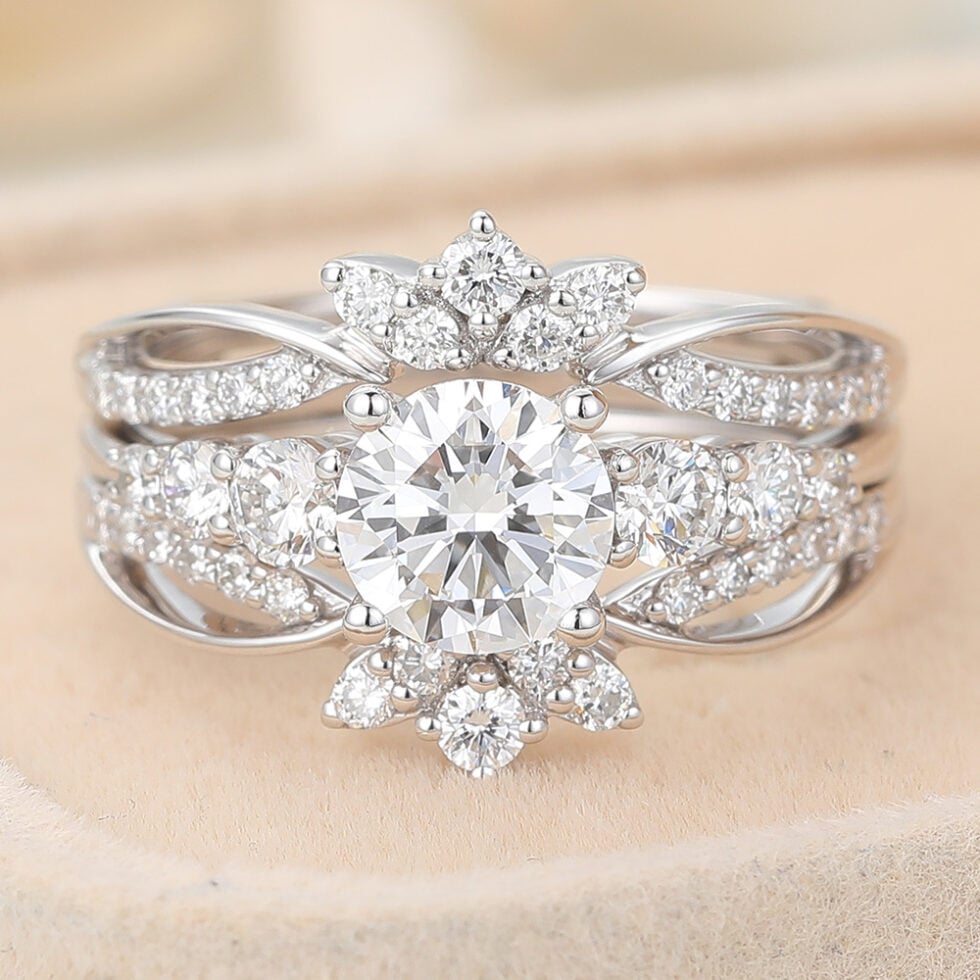 Round Cut Lab Grown Diamond Engagement Ring Set with Enhancer Band