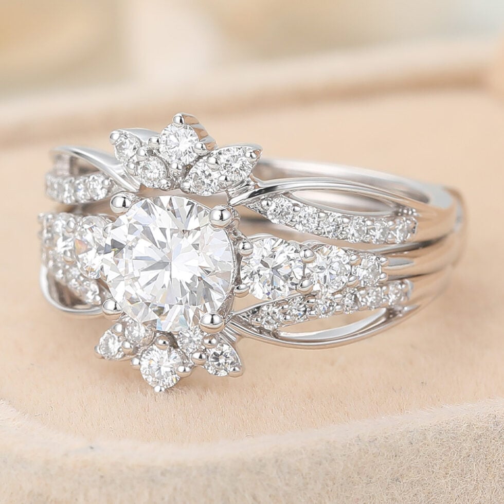 Round Cut Lab Grown Diamond Engagement Ring Set with Enhancer Band