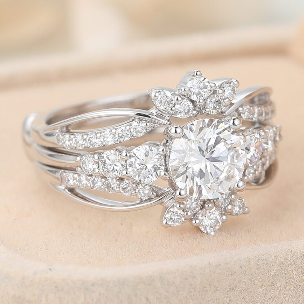 Round Cut Lab Grown Diamond Engagement Ring Set with Enhancer Band