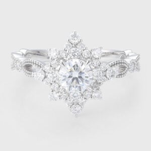 Round Cut Lab Grown Diamond Engagement Ring Star-Shaped Design Bridal Ring