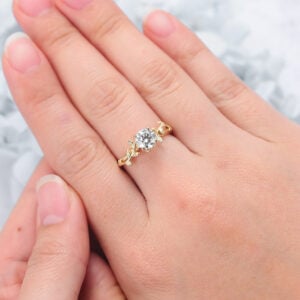 Round Cut Lab Grown Diamond Solitaire Engagement Ring Floral-Inspired Bridal Ring