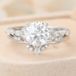 Round Cut Lab Grown Diamond Unique Engagement Ring Set with Curved Wedding Band