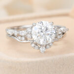 Round Cut Lab Grown Diamond Unique Engagement Ring Set with Curved Wedding Band