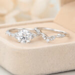 Round Cut Lab Grown Diamond Unique Engagement Ring Set with Curved Wedding Band