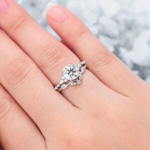 Round Cut Lab Grown Diamond Unique Engagement Ring Set with Curved Wedding Band