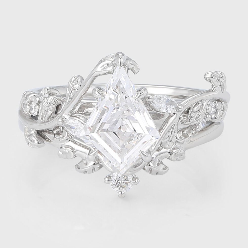 Kite Cut Lab Grown Diamond Engagement Ring Set Vine-Inspired Bridal Set