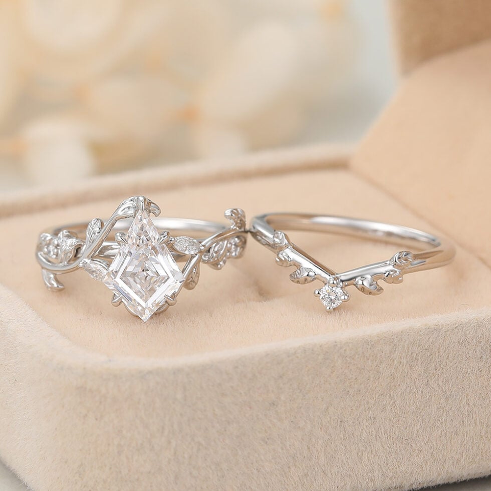 Kite Cut Lab Grown Diamond Engagement Ring Set Vine-Inspired Bridal Set