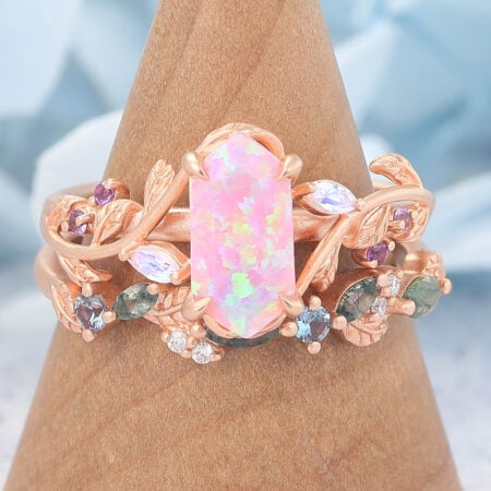 Matte Finish Long Hexagon Cut Pink Opal Engagement Ring Set Vine-Inspired Bridal Set