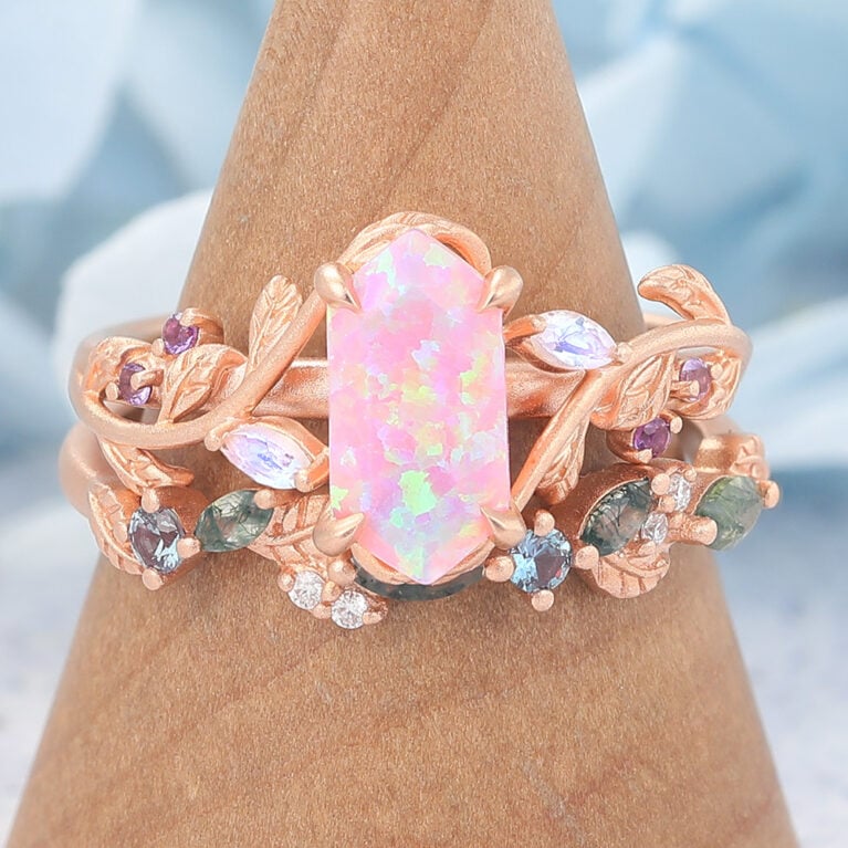 Matte Finish Long Hexagon Cut Pink Opal Engagement Ring Set Vine-Inspired Bridal Set