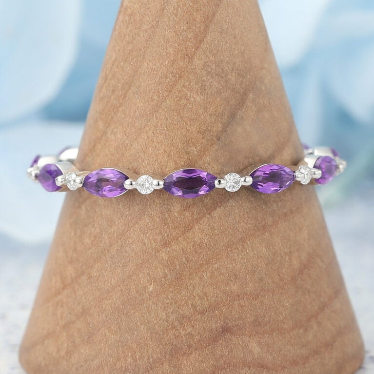 Marquise Amethyst & Round Moissanite Eternity Wedding Band