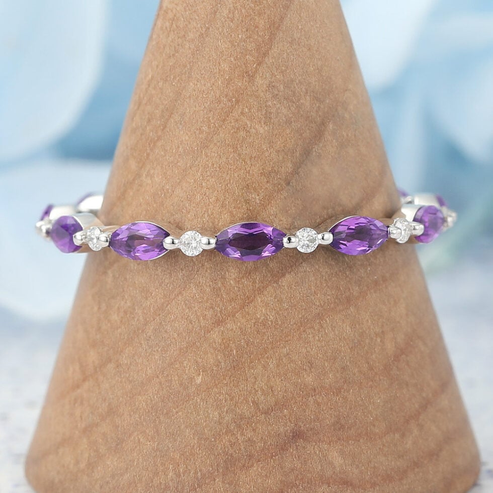 Marquise Amethyst & Round Moissanite Eternity Wedding Band