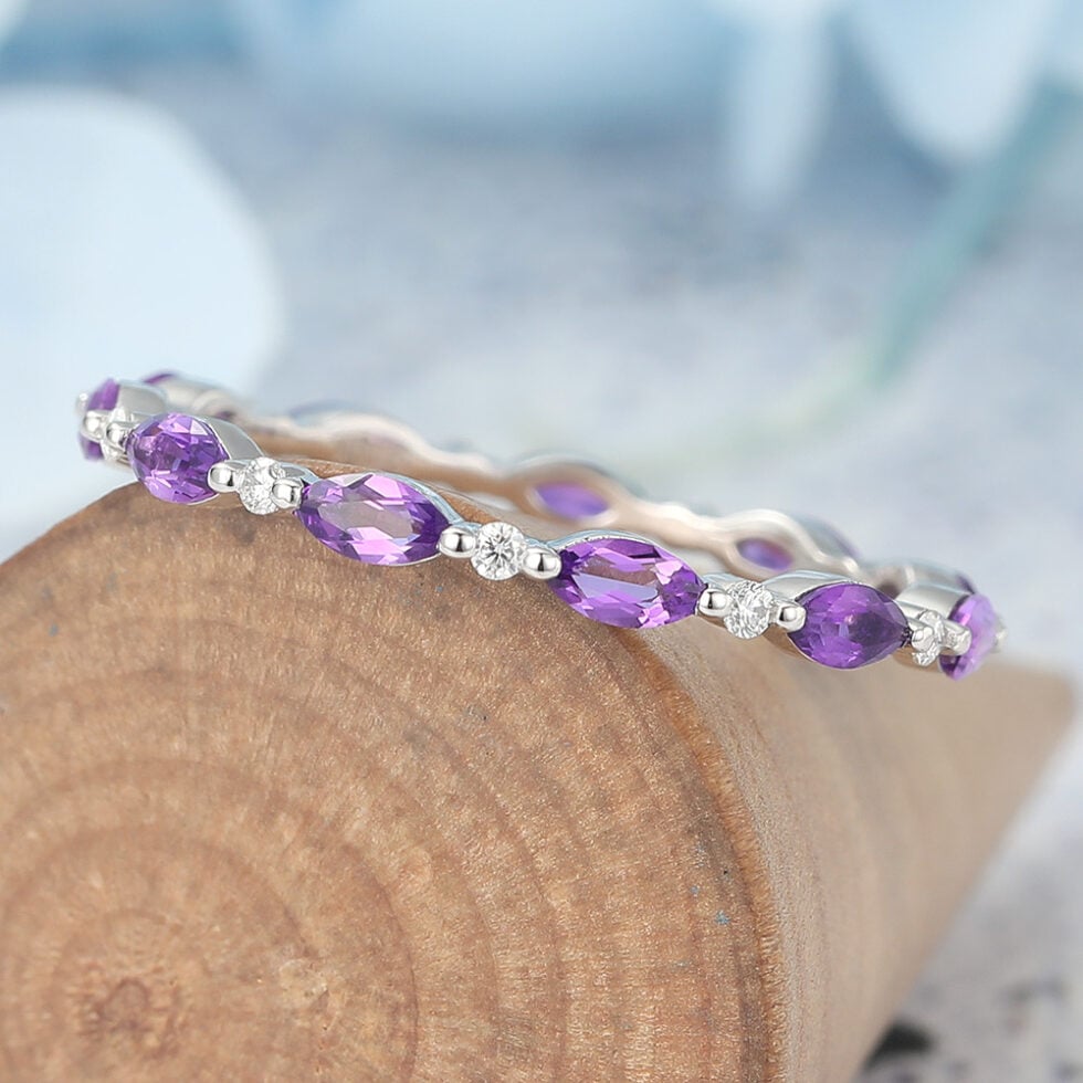 Marquise Amethyst & Round Moissanite Eternity Wedding Band