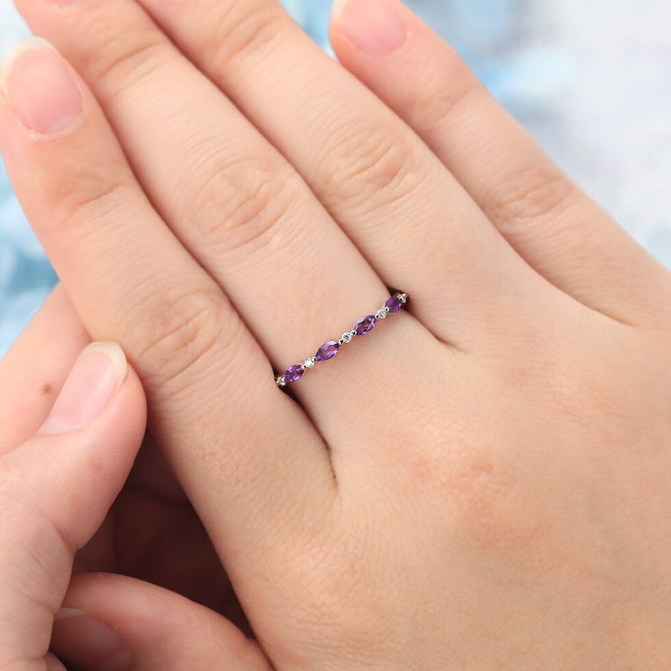 Marquise Amethyst & Round Moissanite Eternity Wedding Band
