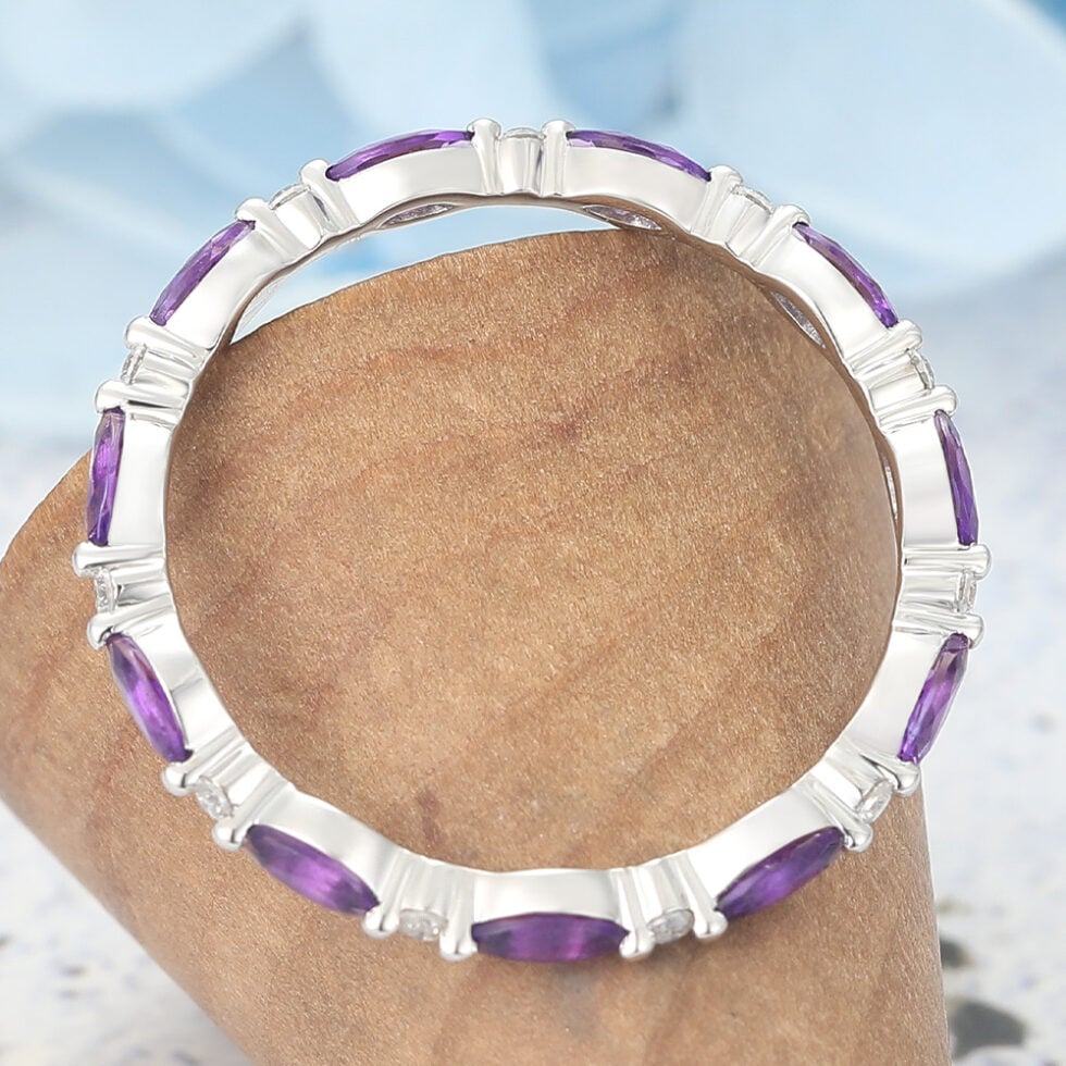 Marquise Amethyst & Round Moissanite Eternity Wedding Band