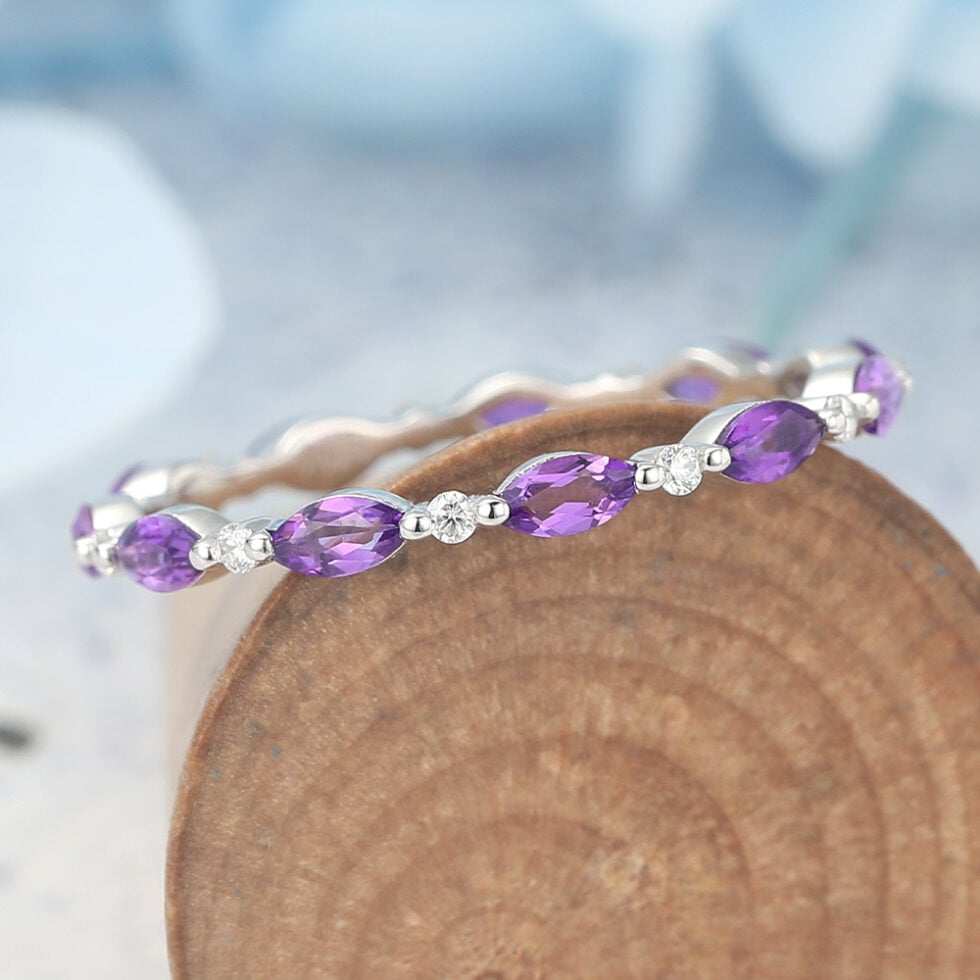 Marquise Amethyst & Round Moissanite Eternity Wedding Band