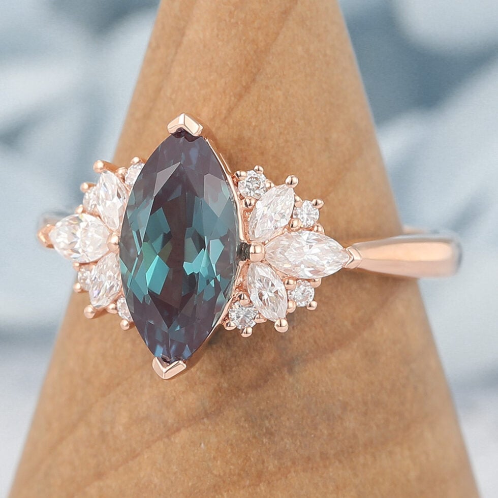 Marquise Cut Lab Alexandrite Cluster Engagement Ring Vintage-Inspired Design