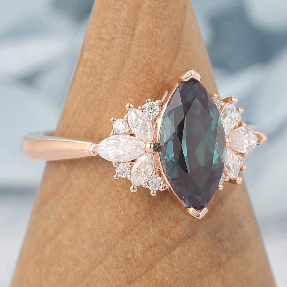 Marquise Cut Lab Alexandrite Cluster Engagement Ring Vintage-Inspired Design