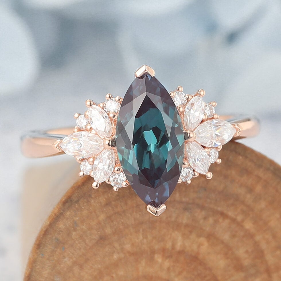 Marquise Cut Lab Alexandrite Cluster Engagement Ring Vintage-Inspired Design