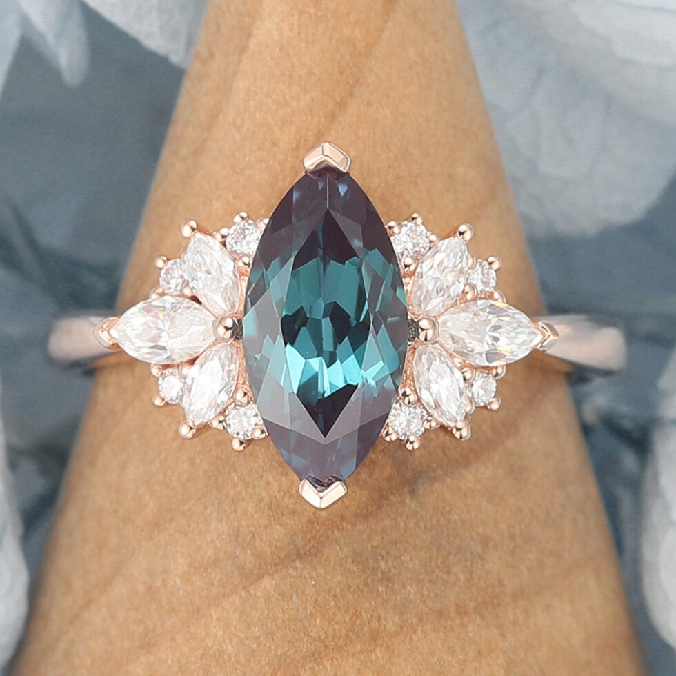 Marquise Cut Lab Alexandrite Cluster Engagement Ring Vintage-Inspired Design