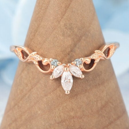 Marquise Moissanite & Round Sapphire Curved Wedding Band with Filigree