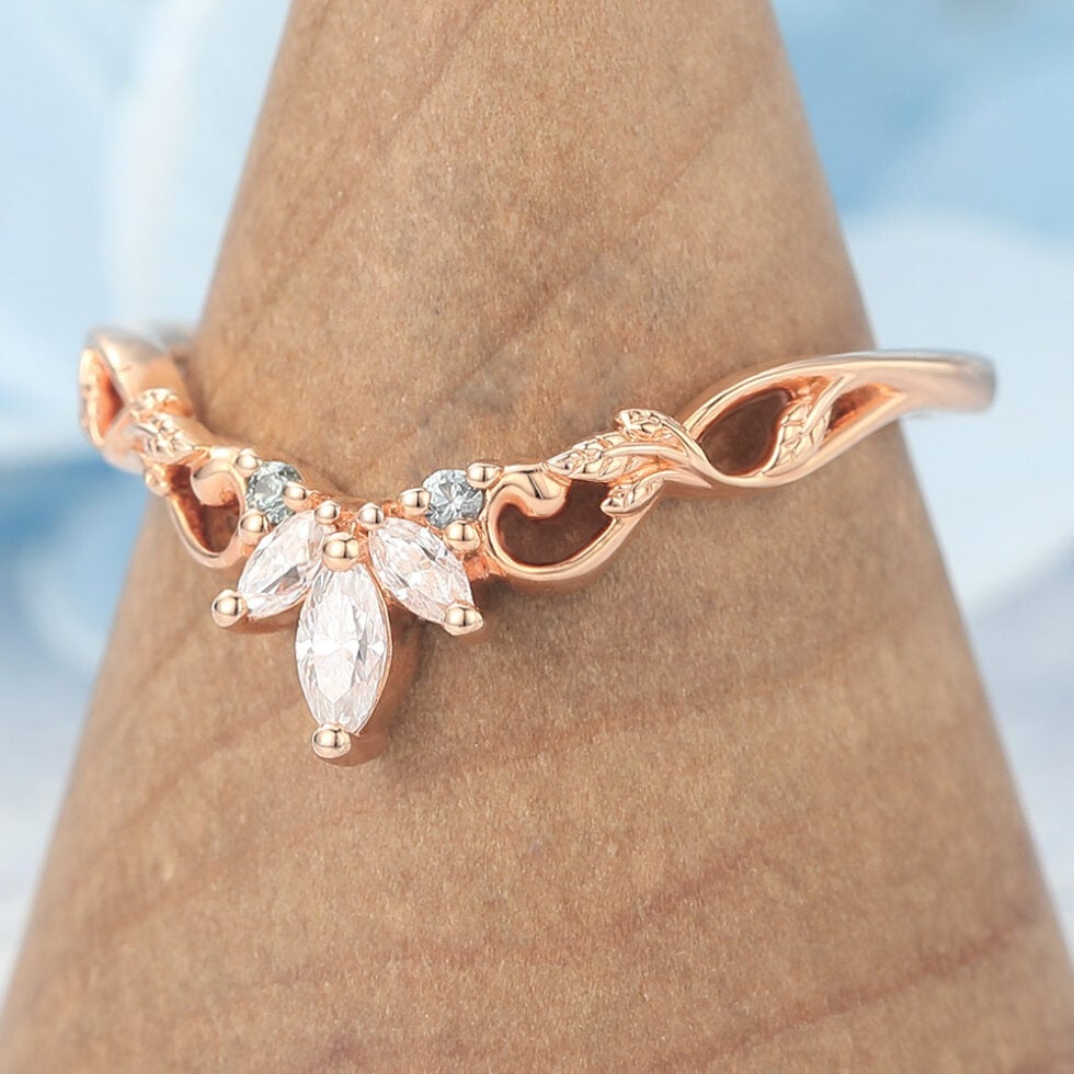 Marquise Moissanite & Round Sapphire Curved Wedding Band with Filigree