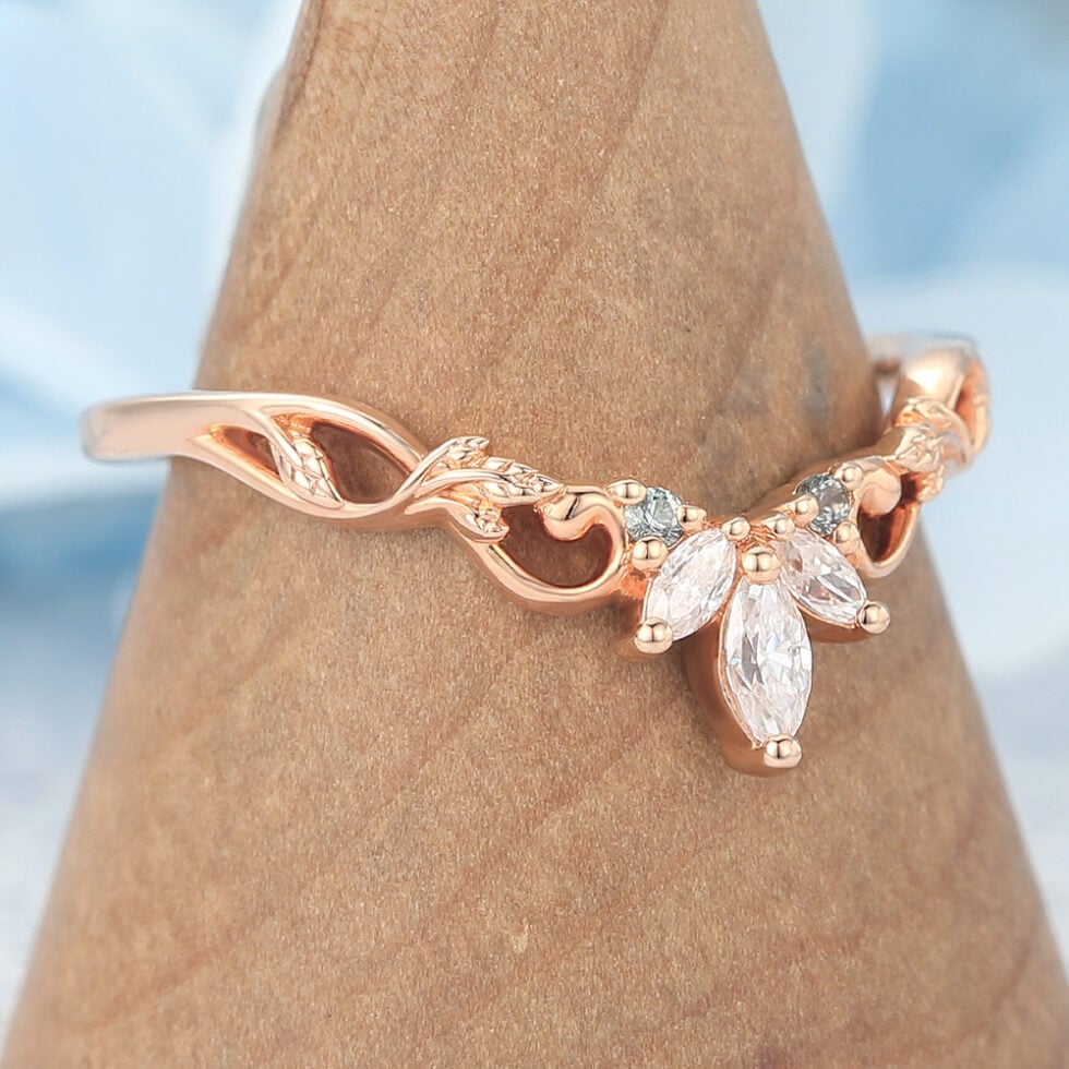 Marquise Moissanite & Round Sapphire Curved Wedding Band with Filigree