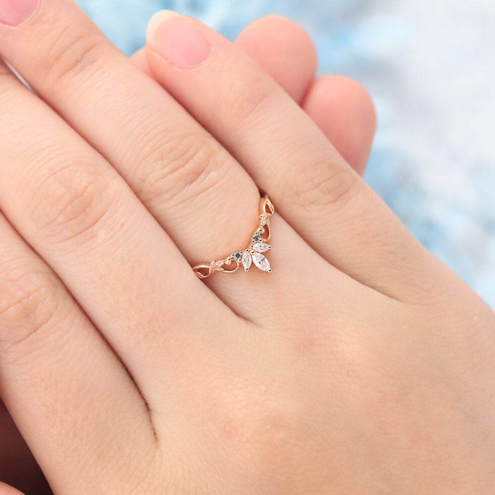 Marquise Moissanite & Round Sapphire Curved Wedding Band with Filigree