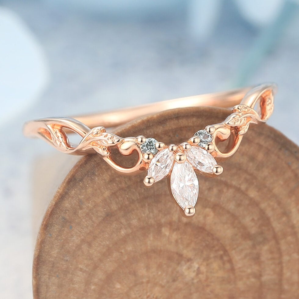 Marquise Moissanite & Round Sapphire Curved Wedding Band with Filigree