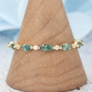 Marquise Moss Agate & Round Moissanite Eternity Wedding Band