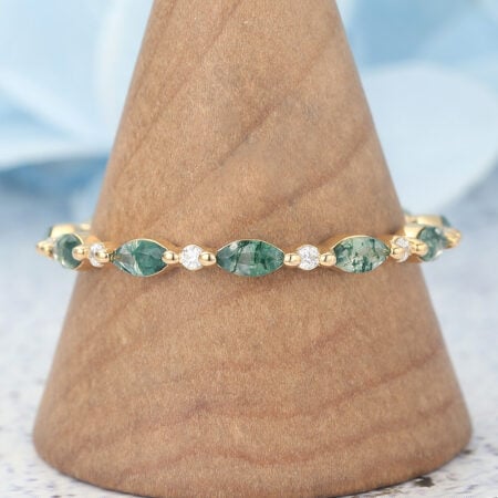 Marquise Moss Agate & Round Moissanite Eternity Wedding Band