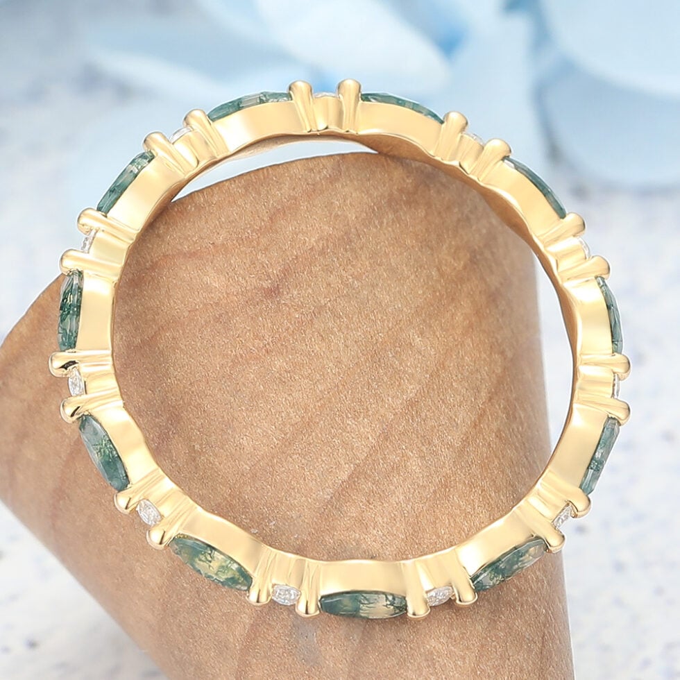 Marquise Moss Agate & Round Moissanite Eternity Wedding Band