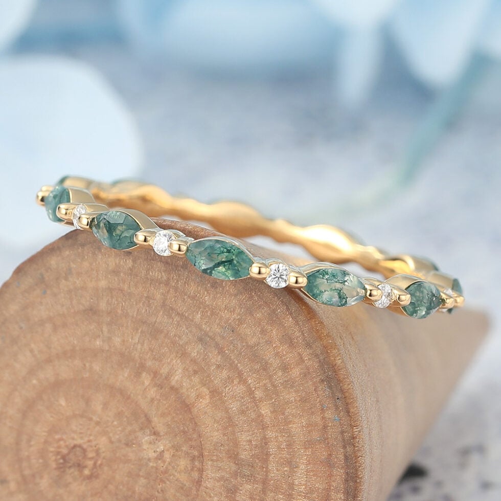Marquise Moss Agate & Round Moissanite Eternity Wedding Band