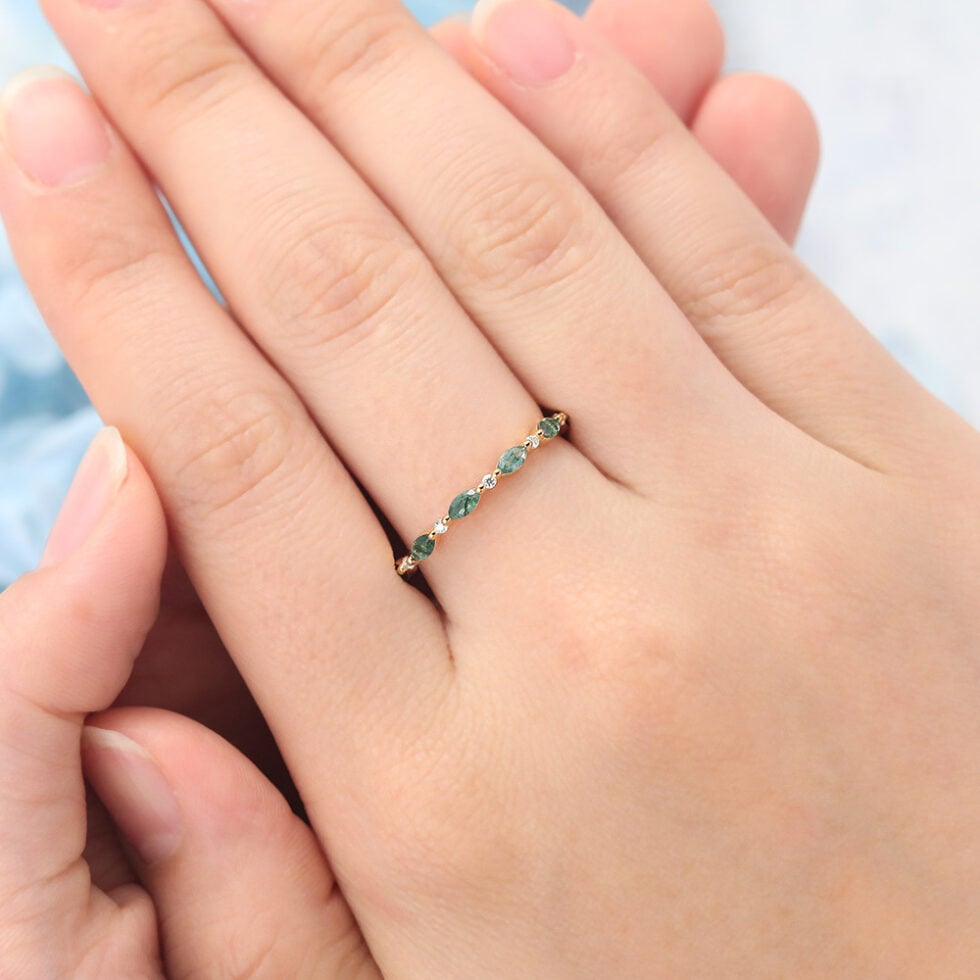 Marquise Moss Agate & Round Moissanite Eternity Wedding Band