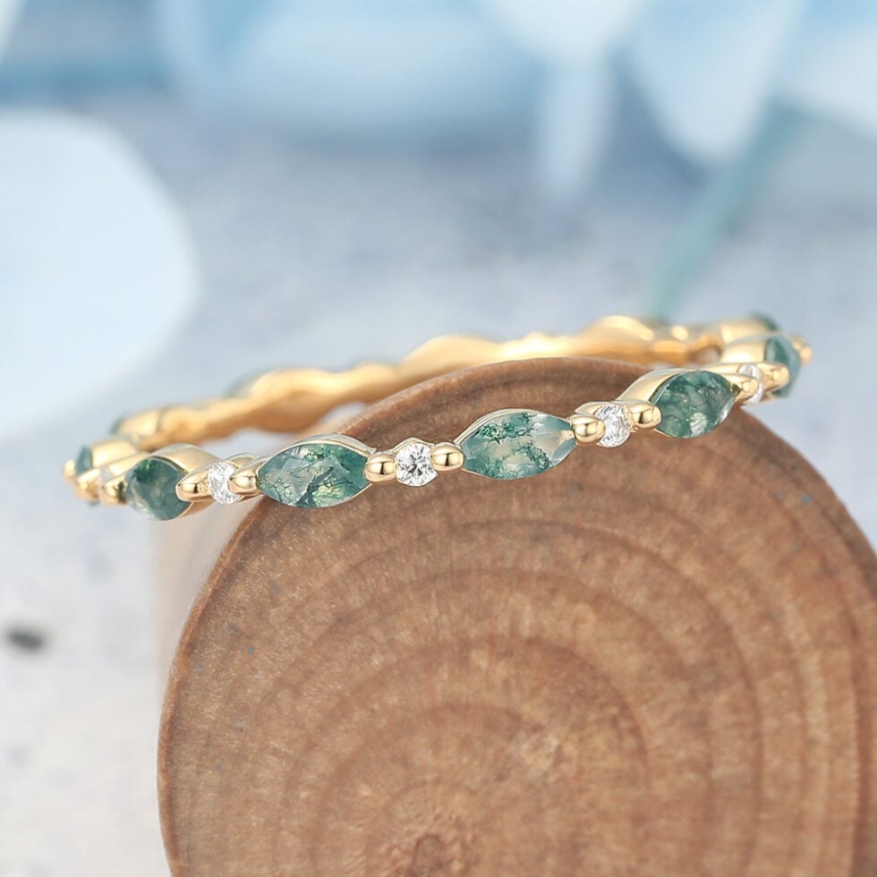 Marquise Moss Agate & Round Moissanite Eternity Wedding Band