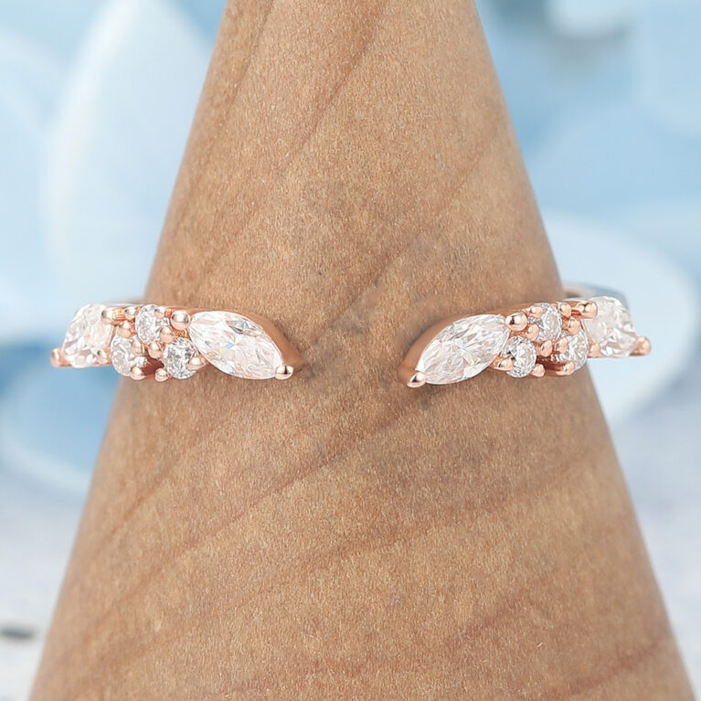 Marquise & Round Moissanite Open Wedding Band Unique Stackable Ring