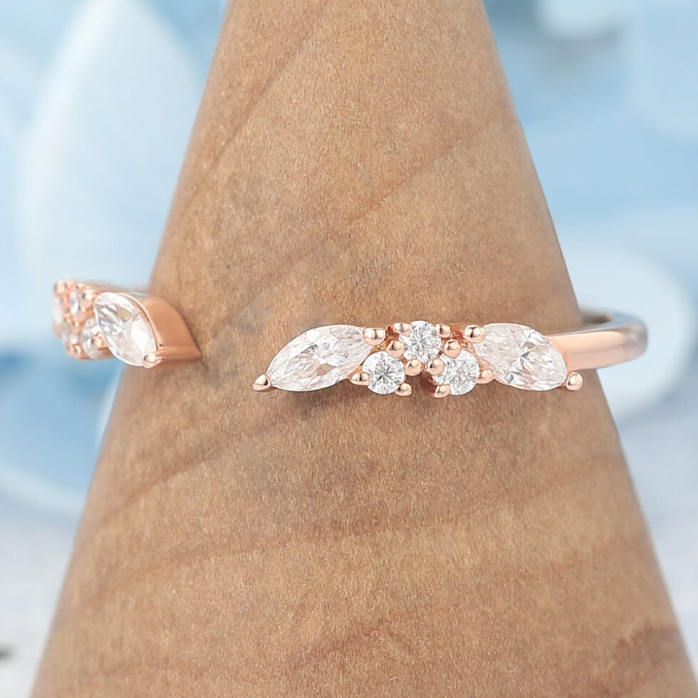 Marquise & Round Moissanite Open Wedding Band Unique Stackable Ring