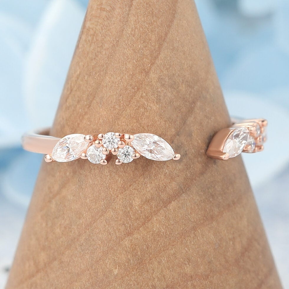 Marquise & Round Moissanite Open Wedding Band Unique Stackable Ring