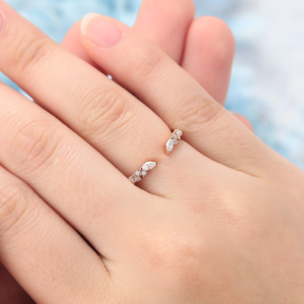 Marquise & Round Moissanite Open Wedding Band Unique Stackable Ring