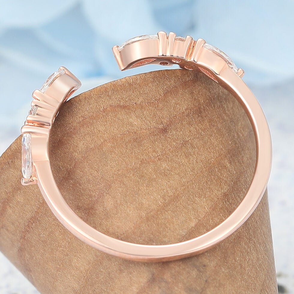 Marquise & Round Moissanite Open Wedding Band Unique Stackable Ring
