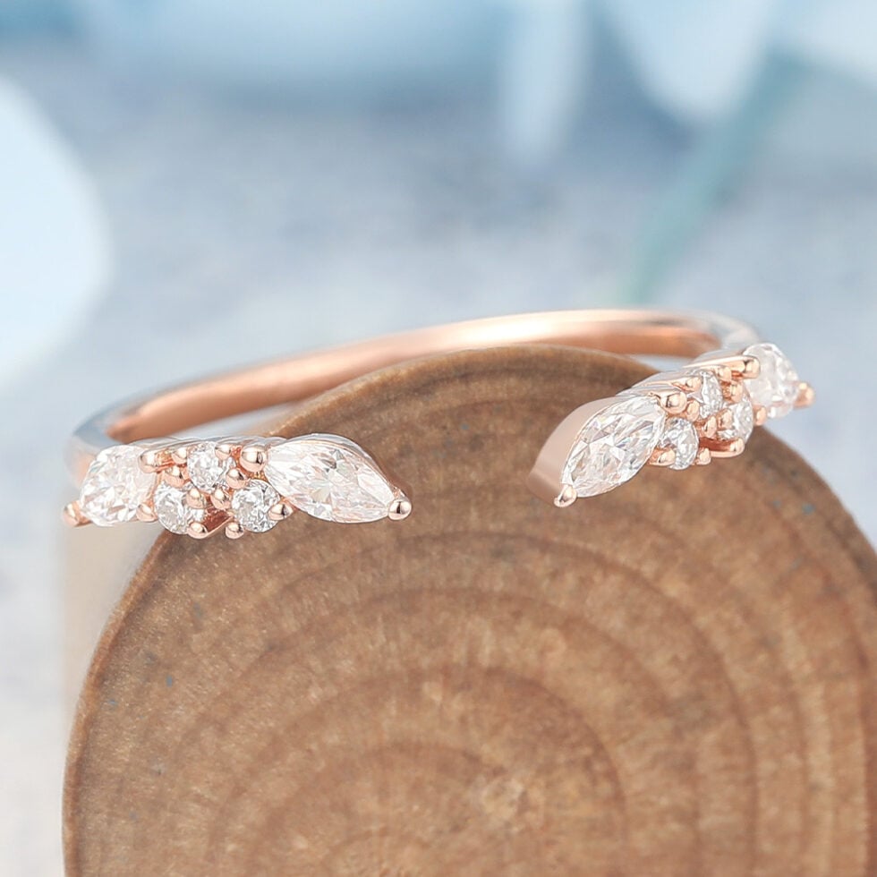 Marquise & Round Moissanite Open Wedding Band Unique Stackable Ring