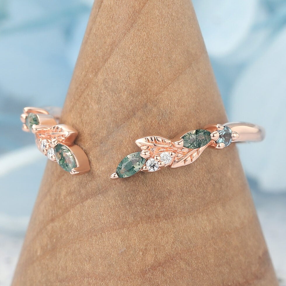 Multi-Stone Curved Open Wedding Band Nature-Inspired Ring
