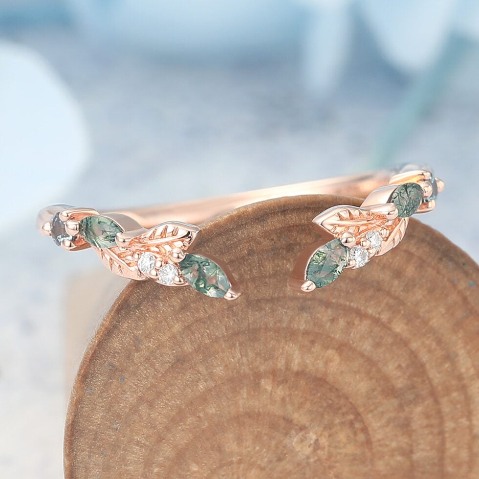 Multi-Stone Curved Open Wedding Band Nature-Inspired Ring