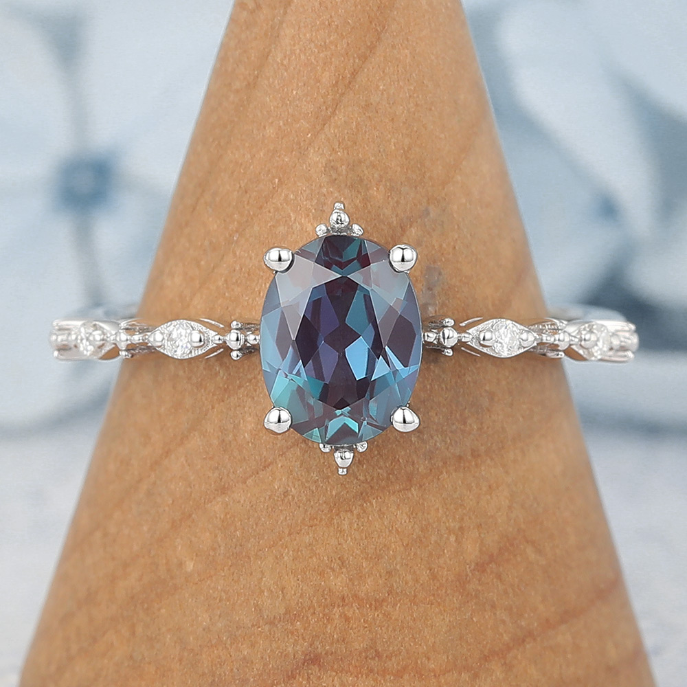 Oval Cut Lab Alexandrite Engagement Ring Vintage-Inspired Antique Design