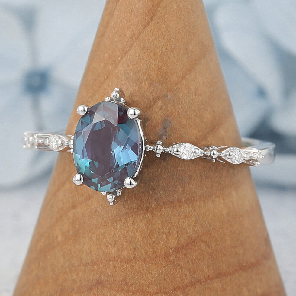 Oval Cut Lab Alexandrite Engagement Ring Vintage-Inspired Antique Design