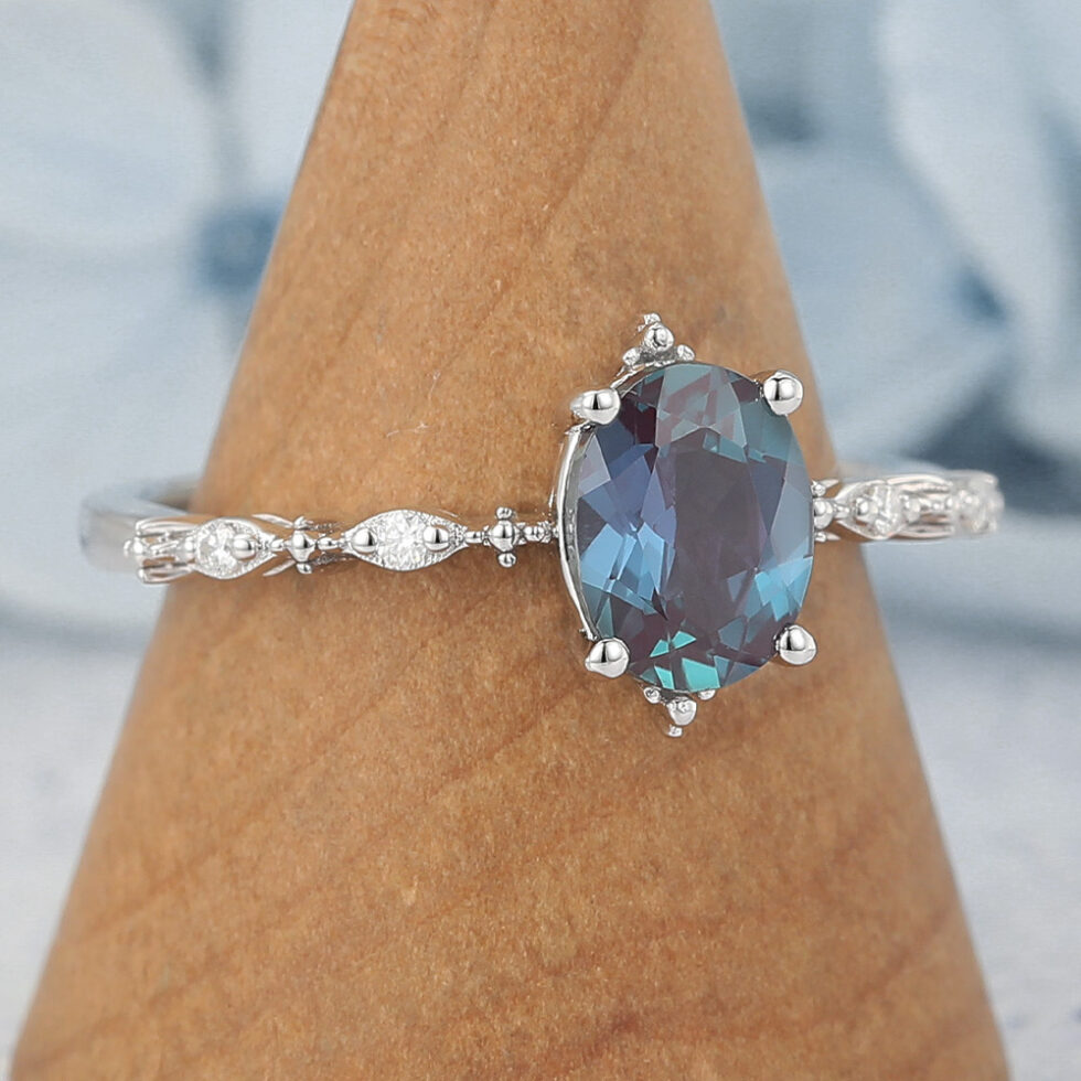 Oval Cut Lab Alexandrite Engagement Ring Vintage-Inspired Antique Design
