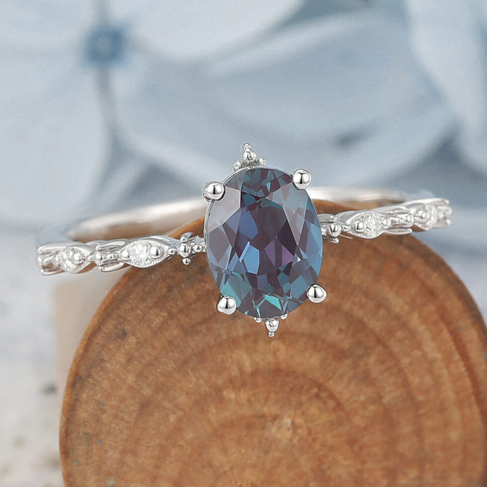 Oval Cut Lab Alexandrite Engagement Ring Vintage-Inspired Antique Design