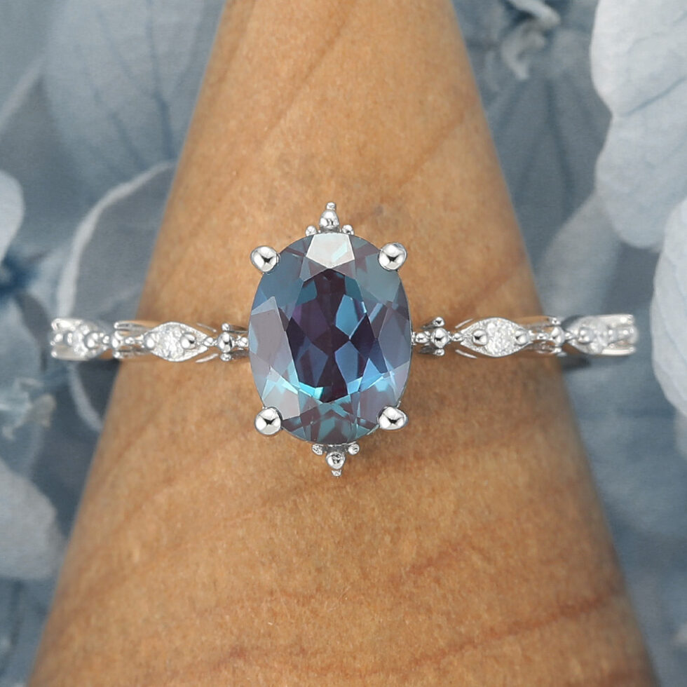 Oval Cut Lab Alexandrite Engagement Ring Vintage-Inspired Antique Design